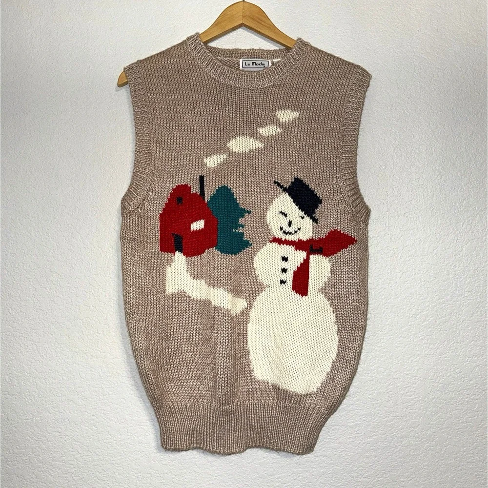 Vintage Le Moda Christmas Snowman Mailbox Sweater Vest Womens M Novelty 90s